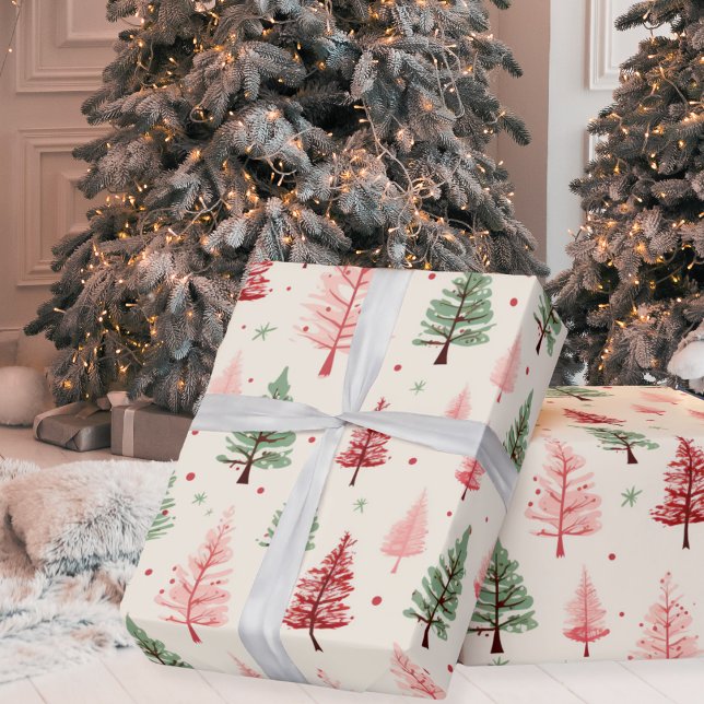 Vintagens Rosa och Grönt Julgranar Helgdag Presentpapper (Vintage Pink And Green Christmas Trees Holiday Wrapping Paper)