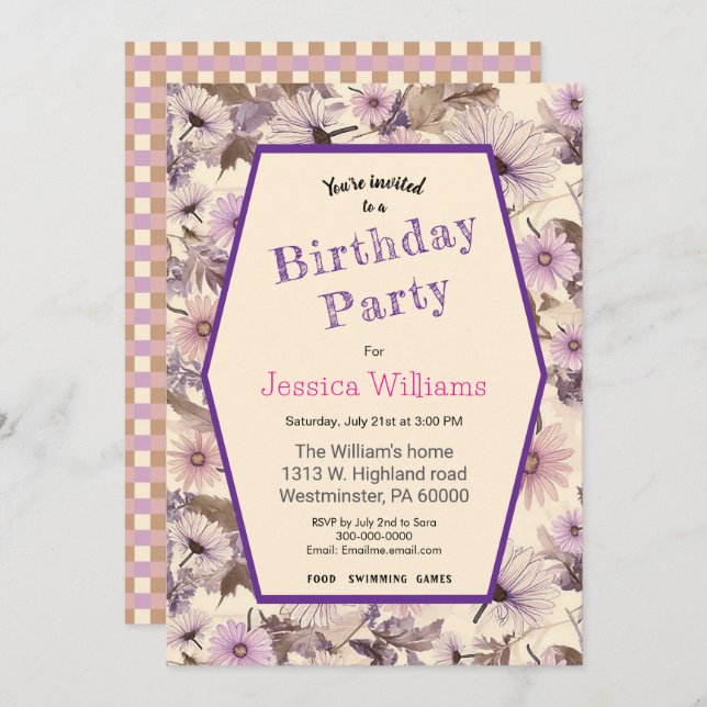 Vintagens Rosa och persikofödelsedag Blommigt Inbjudningar (Fram/baksida)