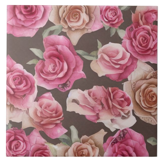 Vintagens rosa, rött och vit ros kakelplatta (Framsidan)