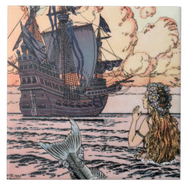 Vintagens Sjöjungfru i sjön Tittar vid segling Fra Kakelplatta