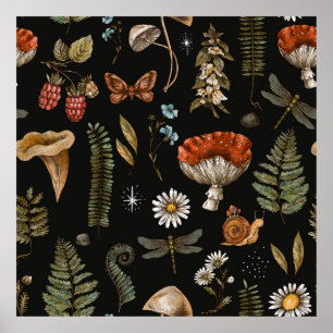 Vintagens skogar, sömlös mönster. Amanita Poster