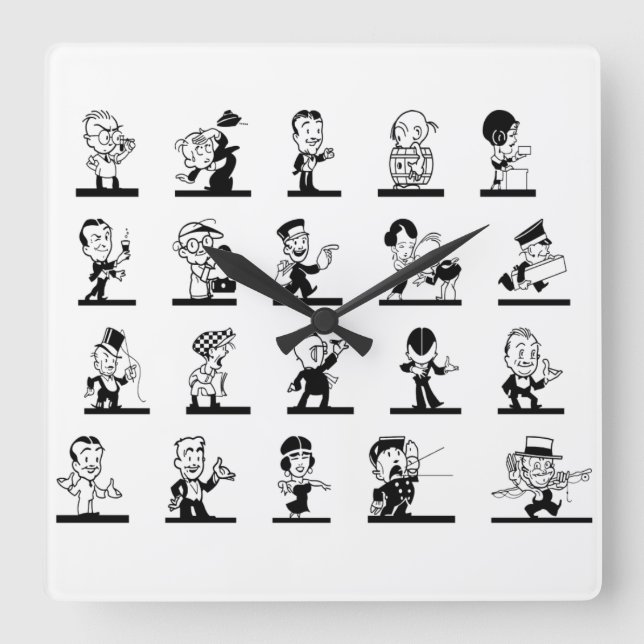 Vintagens tecknad - svarta och vita tecknader fyrkantig klocka (Framsida)