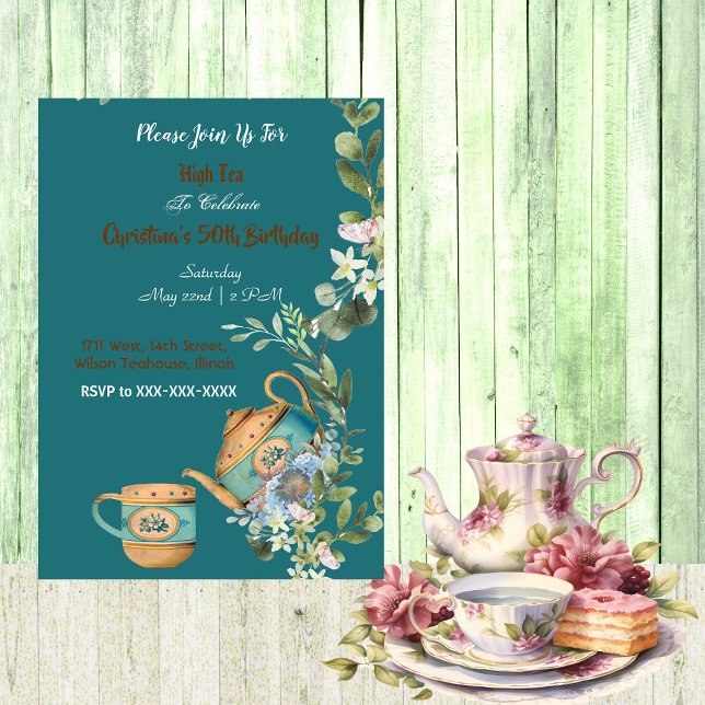Vintagens Tekanna Blommigt eftermiddag Högteafalda Inbjudningar (Vintage Teapot Floral Afternoon High Tea Birthday Invitation)