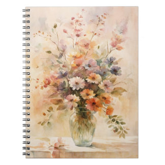Vintagens utseende vattenfärgblommor i vas av glas anteckningsbok