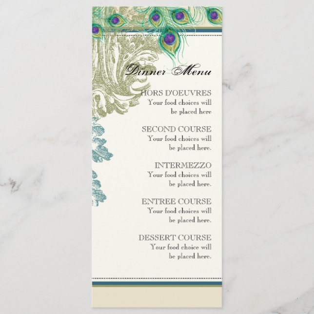 Vintagepåfågel, fjädrar, middagmenykort meny (Framsida)