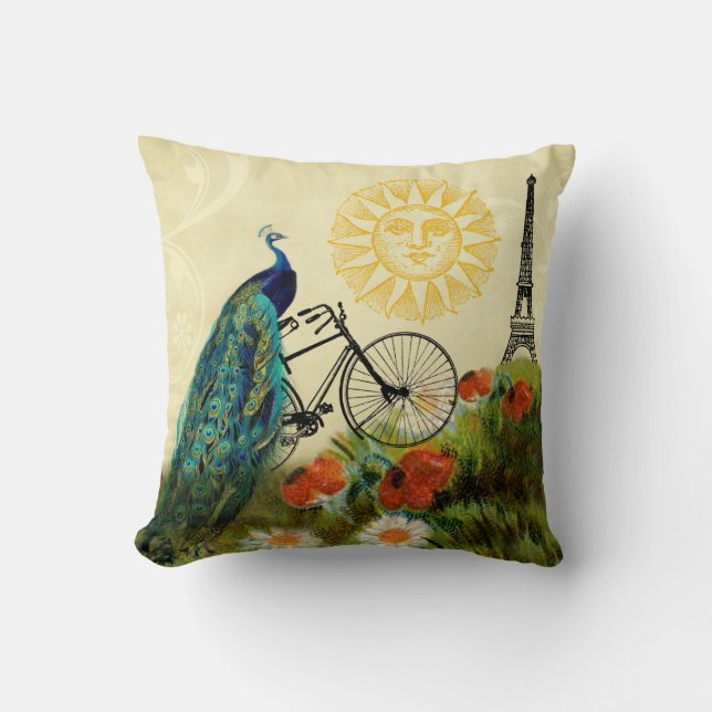 Vintagepåfågelkonst med det Eiffel torn Kudde (Framsida)