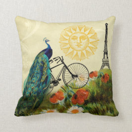 Vintagepåfågelkonst med det Eiffel torn Kudde