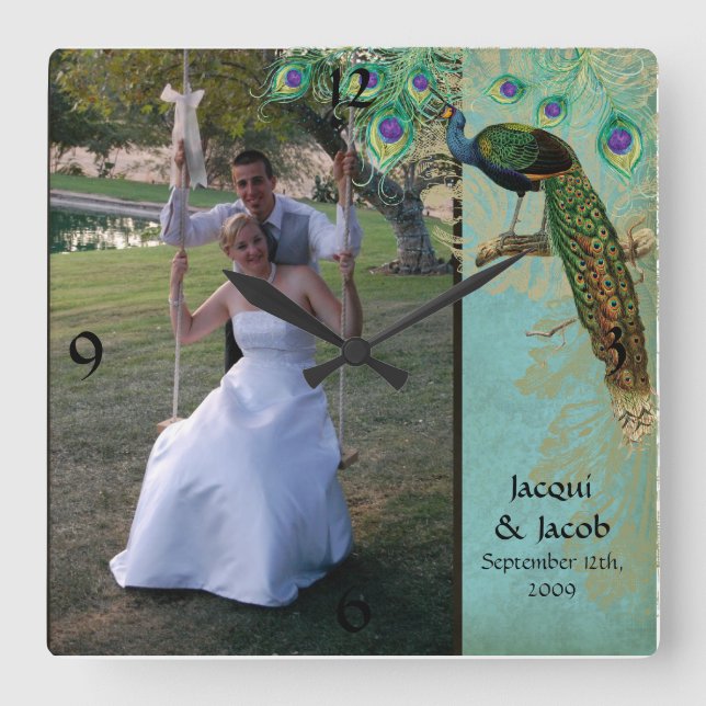 Vintagepåfågeln befjädrar etsningar - bröllopfoto fyrkantig klocka (Framsida)