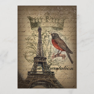 VintageParis Eiffel för chic fransk fågel modernt Inbjudningar