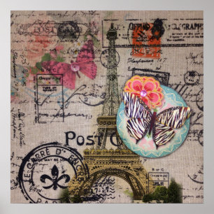 VintageParis Eiffel för fransk fjäril modernt torn Poster