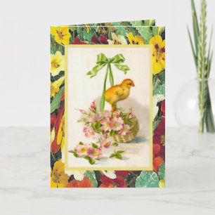 Vintagepåsk, basket med chicken och blommor helgkort