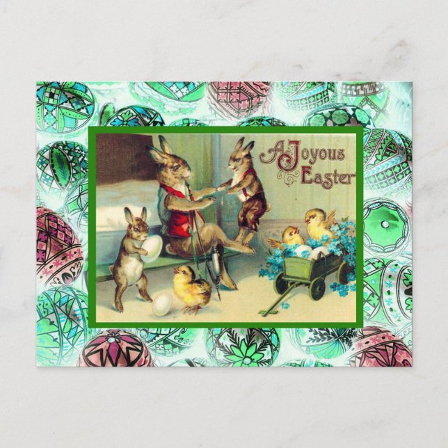 Vintagepåsk, kaniner hemma helg vykort (Framsida)
