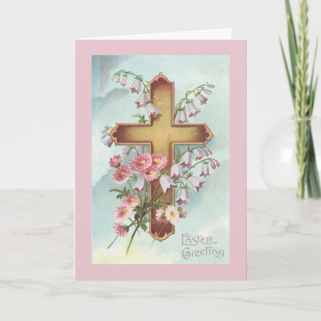 Vintagepåskcrucifix med rosa blommor, helgkort (Framsida)