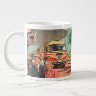 Vintagepassagerare på semester vid busstationen jumbo mugg
