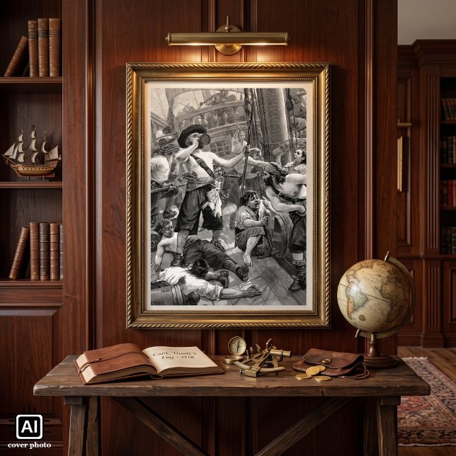Vintagepirater dricker och slåss på fartyget poster (Vintage illustration black and white design featuring buccaneers drinking on deck of a pirate ship. )