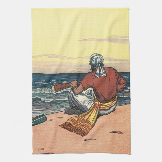 Vintagepirater, strandsatta på en öde ö kökshandduk (Vertikal)