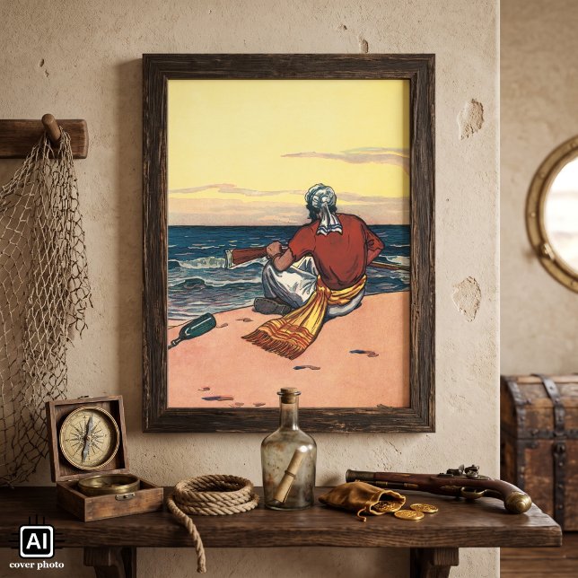 Vintagepirater, strandsatta på en öde ö poster (Vintage illustration pirate design featuring a buccaneer marooned on a deserted island.)