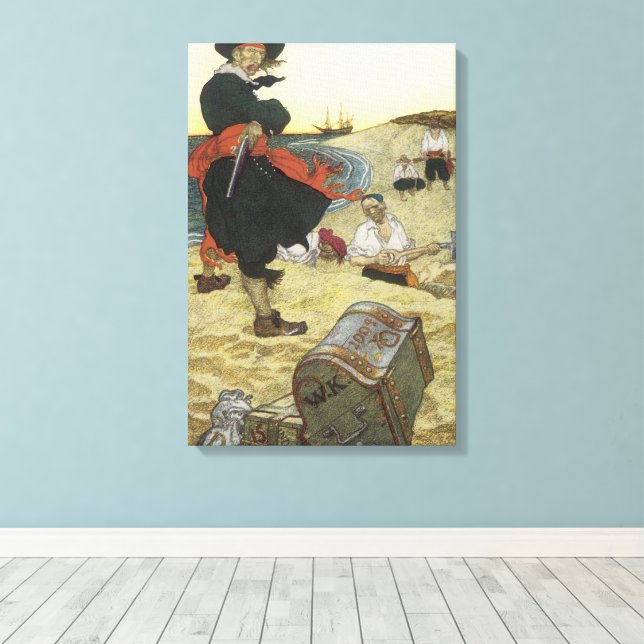 Vintagepirater, William Kidd Begraver Skatt Canvastryck (Insitu (trägolv))