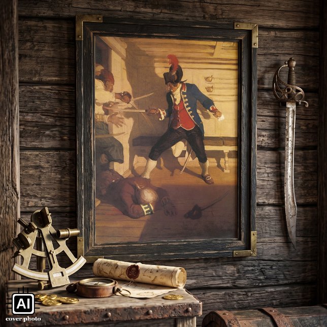 Vintagepiratkapten, svärdfäktning av NC Wyeth Poster (Vintage illustration pirate design featuring The Siege of the Round House by NC Wyeth)