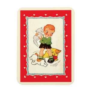 Vintagepojke som räddar en kattunge från tävlingsh magnet