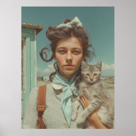 Vintageporträtt av flicka som håller kattunge poster
