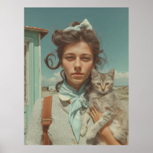 Vintageporträtt av flicka som håller kattunge poster