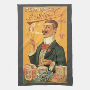 Vintageproduktetikett, rysk cigarettobak kökshandduk