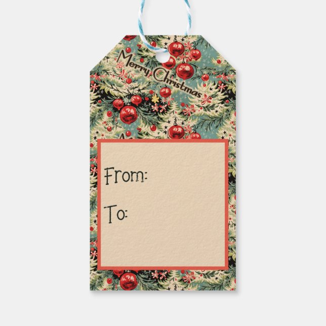 Vintageprydnader & julblommor på mjukblått presentetikett (Baksidan)