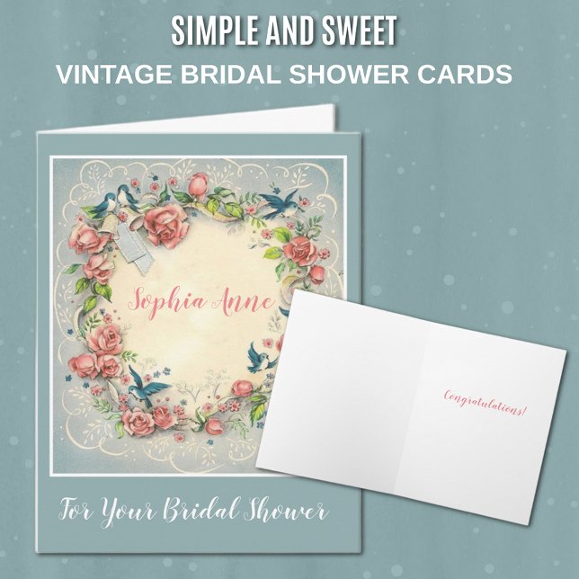 Vintagero, snöre & blåttfågeltillfällen inbjudan (Sweet Vintage Bridal Shower Congratulations Card with roses and blue birds)