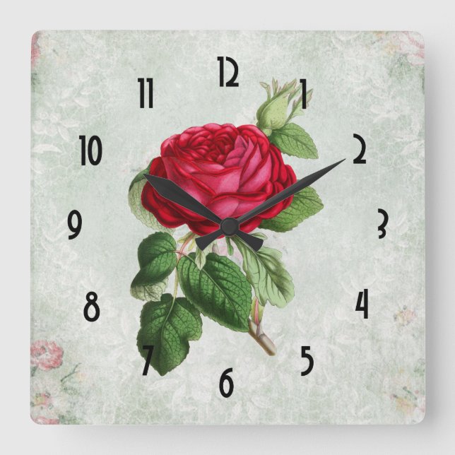 Vintageröd ros med lövverk fyrkantig klocka (Framsida)