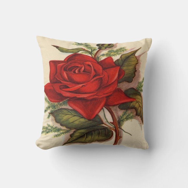 Vintageröd rosdekorativ kudde (Framsida)
