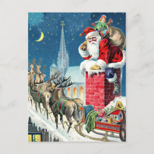VintageRooftop Santa & Sleighjul Helg Vykort