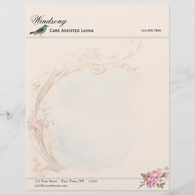 Vintagerosa ros- och Robin bröllopaffär Brevhuvud (Framsida)