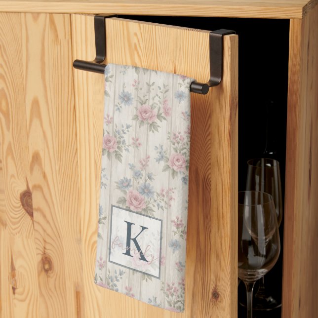 VintageRustic Shabby Chic Blommig på Trä Gårdshus Kökshandduk (Thirds Fold)