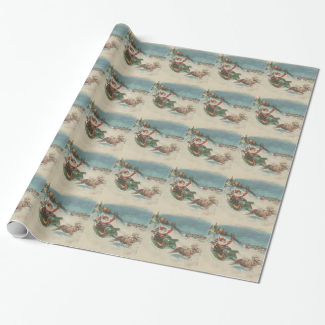 VintageSantas Sleigh och ren Presentpapper (Utrullad)