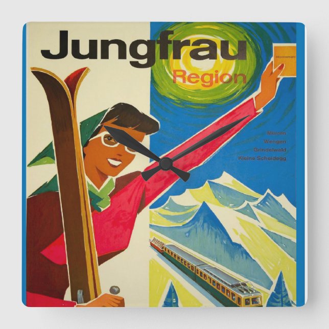 Vintageschweizare skidar, Jungfrau Fyrkantig Klocka (Framsida)