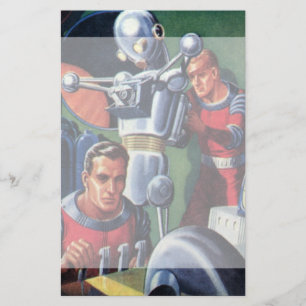 Vintagescience fictionastronaut som fixar en robot brevpapper