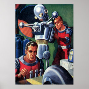 Vintagescience fictionastronaut som fixar en robot poster