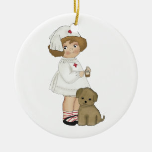 Vintagesjuksköterska med valpT-tröja och gåvor Julgransprydnad Keramik