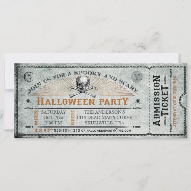 Vintageskalle- och benhalloween festbiljett inbjudningar (Framsida)