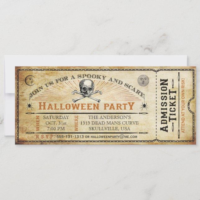Vintageskalle- och benhalloween festbiljett inbjudningar (Framsida)