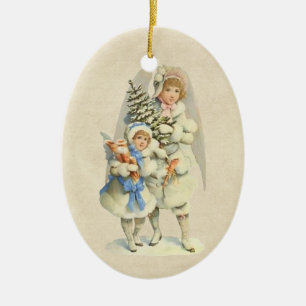 Vintageskyddsängel med träd & liten flicka julgransprydnad keramik
