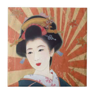 Vintagesolen Rays den Retro japanska geishaen Kakelplatta