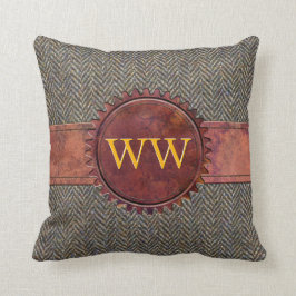 VintageSteampunk Tweed och läderMonogram Kudde