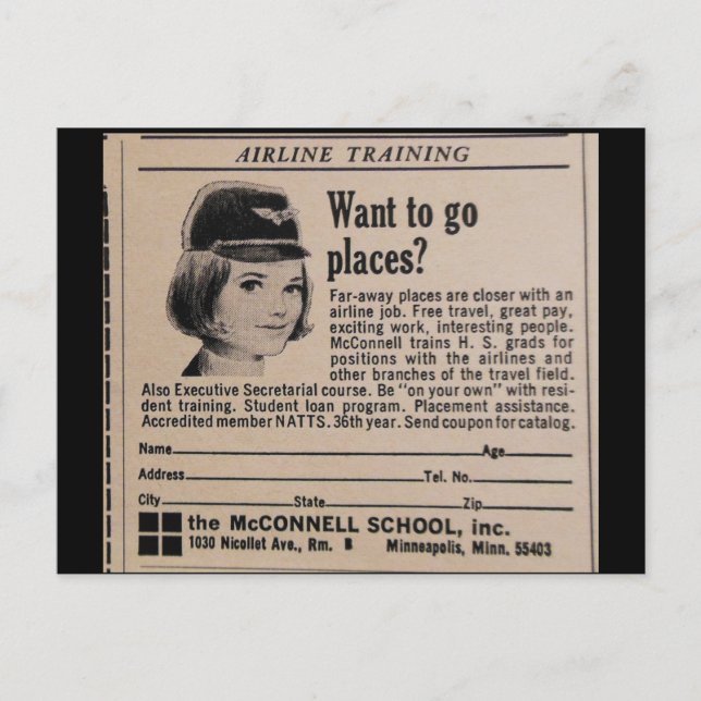 VintageStewardessflygvärdinna Vykort (Framsida)