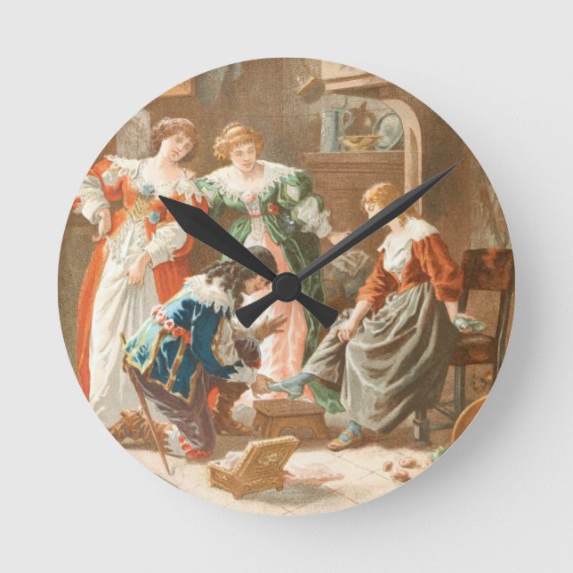 Vintageteckning: Cinderella och den Glass Rund Klocka (Framsida)