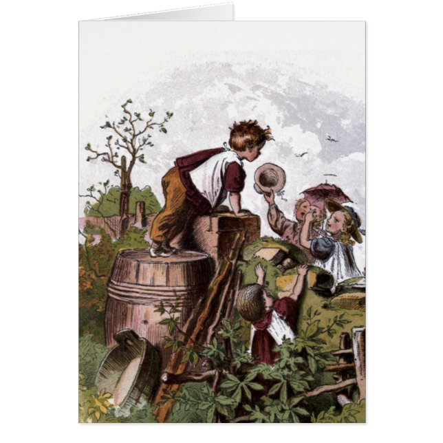 Vintageteckning:  Leka barn Hälsningskort (Framsidan)