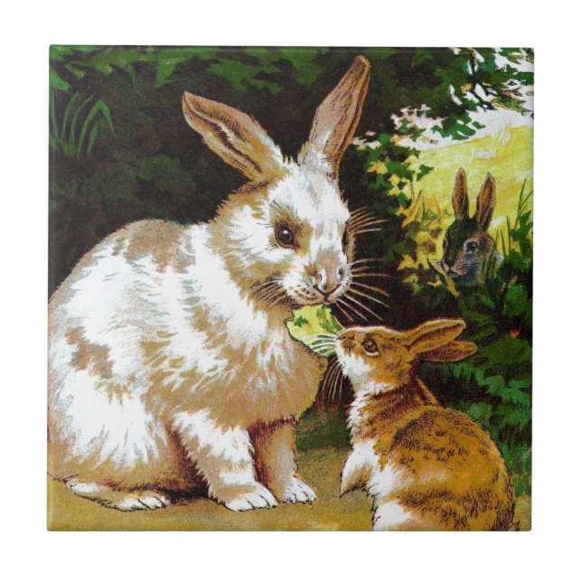 Vintageteckning: Lite kaniner Kakelplatta (Framsidan)
