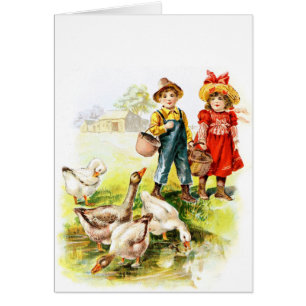Vintageteckning: Mata gäss Hälsningskort
