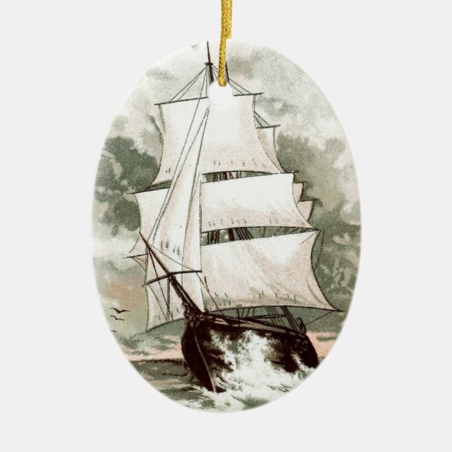Vintageteckning: Tre Masted frakt Julgransprydnad Keramik (Framsidan)